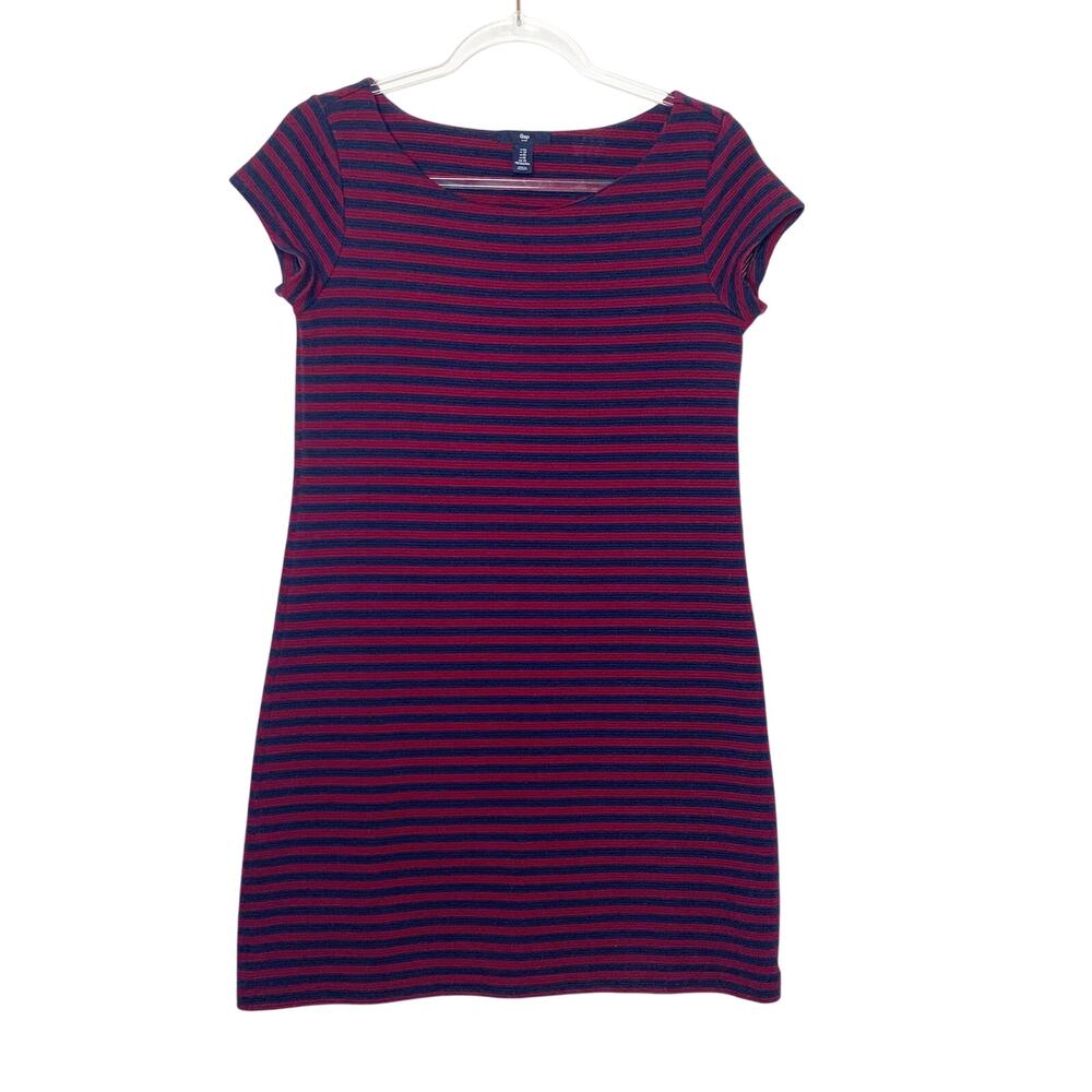 GAP Striped Short Sleeve Shift Dress Above Knee Scoop Neck Navy Burgundy Size XS